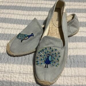 Soludos Blue Chambray Peacock Embroidered Espadrilles Slip On  Women's Size 9.5